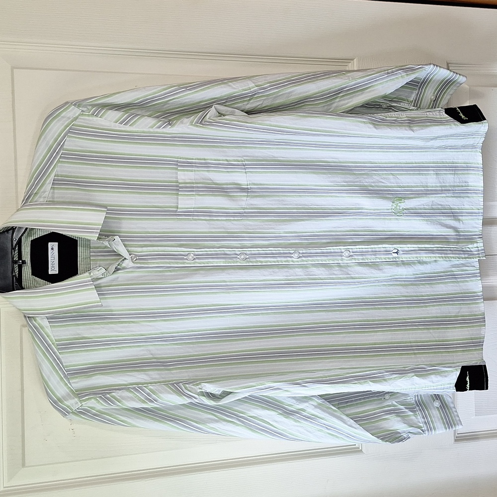 John Lennon long sleeve cotton button down - L / 16.5-17 - green/gray stripes